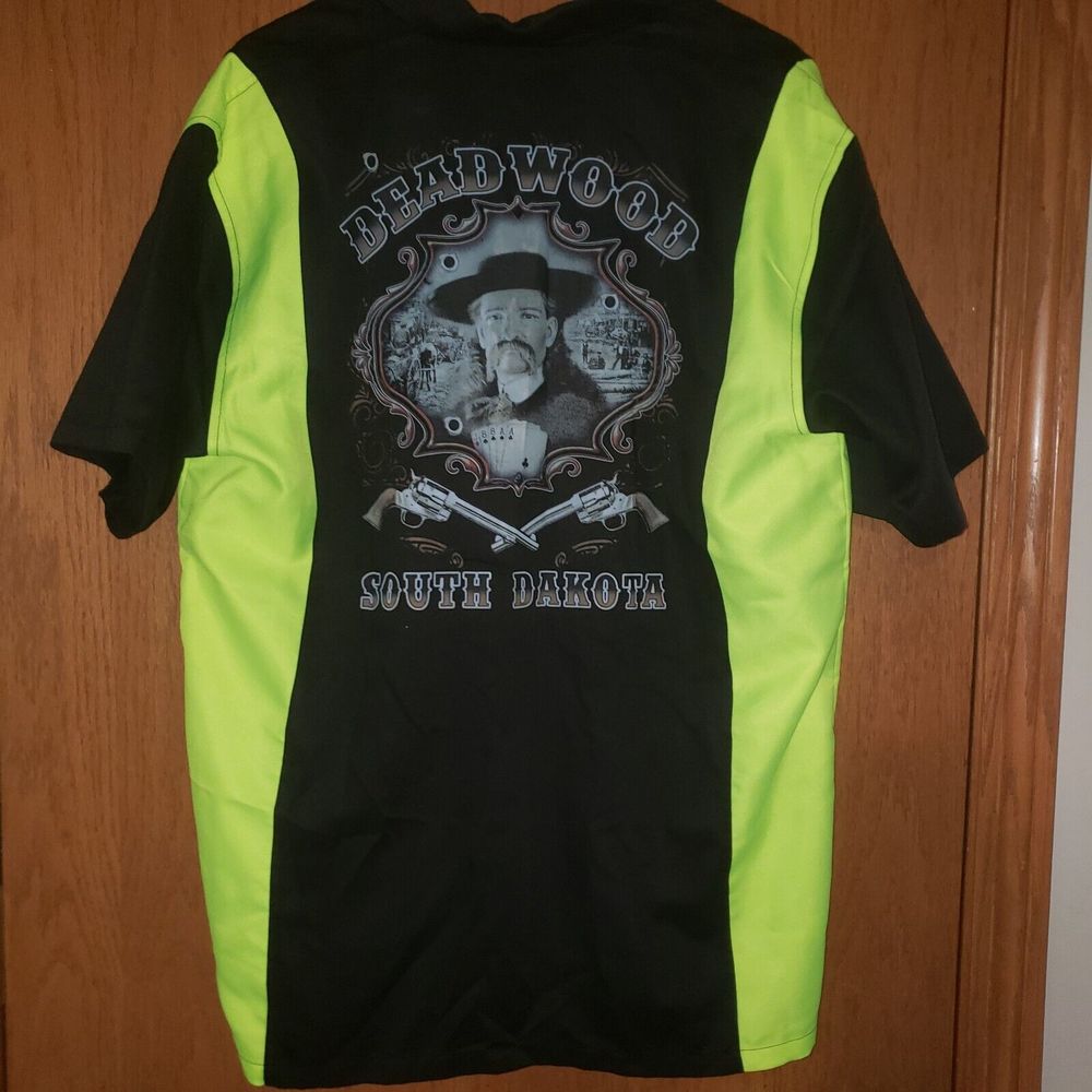 Mens Biker Apparel Large Deadwood South Dakota Shirt Safety Yellow
